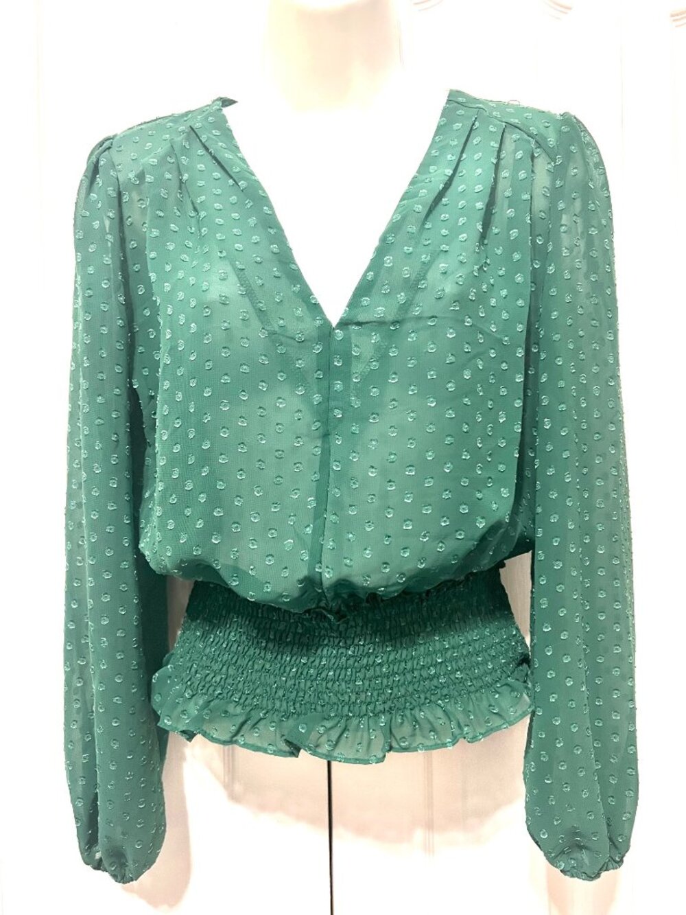 Haute Monde-Women's Long Sleeve Puffy Swiss Dot Pull On Blouse-Small-Green-Sheer